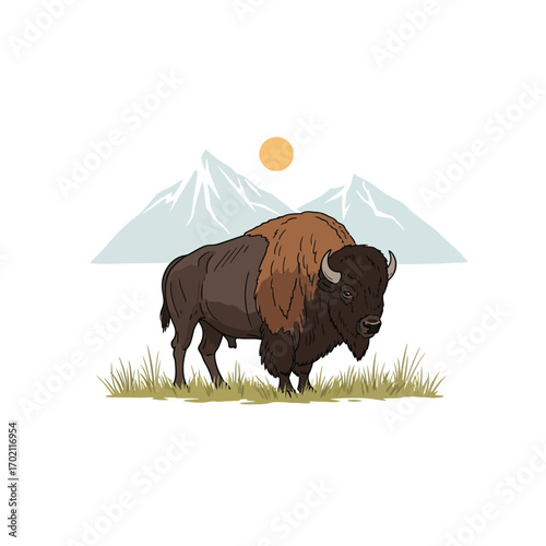 Majestic American bison proudly stands amidst a picturesque natural landscape with towering mountains and a warm sun, embodying the spirit of the wild frontier and robust wilderness