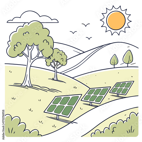 Sunny landscape with rolling hills and solar panels generating clean renewable energy