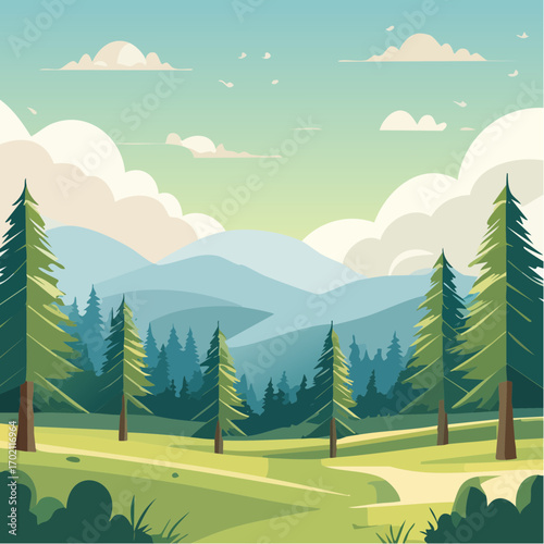 Jolie vallée verdoyante, sapins, montagne, teintes bleu et vert, illustration