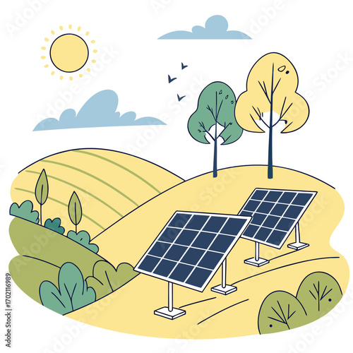 Solar panels harnessing sunlight on rolling hills with trees and clouds in a charming illustration style