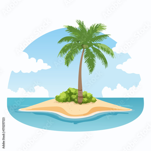 Petite île isolée, palmier, sable, océan, atoll