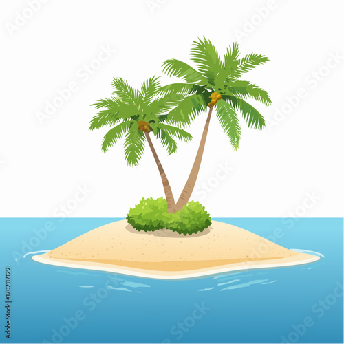 Petite île isolée, palmier, sable, océan, atoll