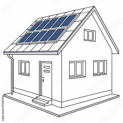 Simple line drawing of a house with blue solar panels installed on a sloped roof