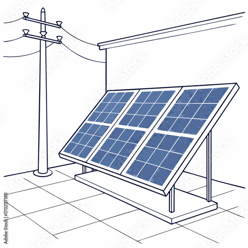 Modern solar panels installed on a tiled surface connected to a utility pole and building roof