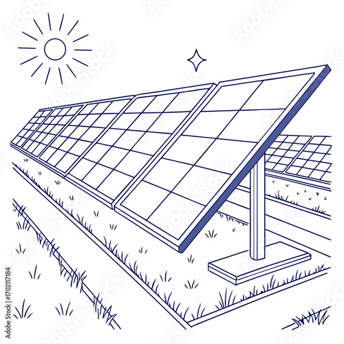 Clean energy solar panels generating electricity under bright sunlight in a grassy field