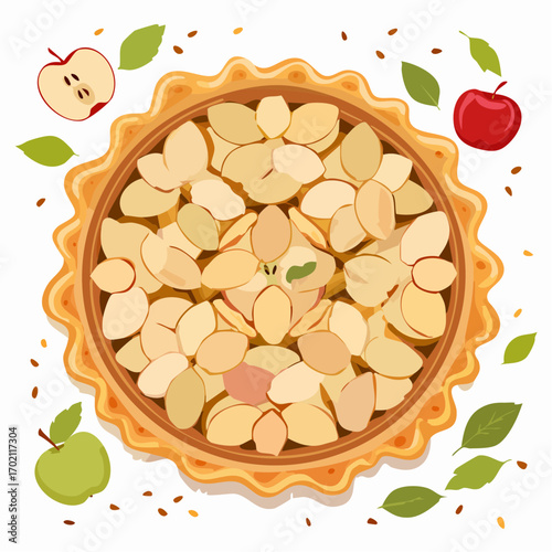 Tarte aux pommes rustique, vue du dessus, délicieux, fond blanc