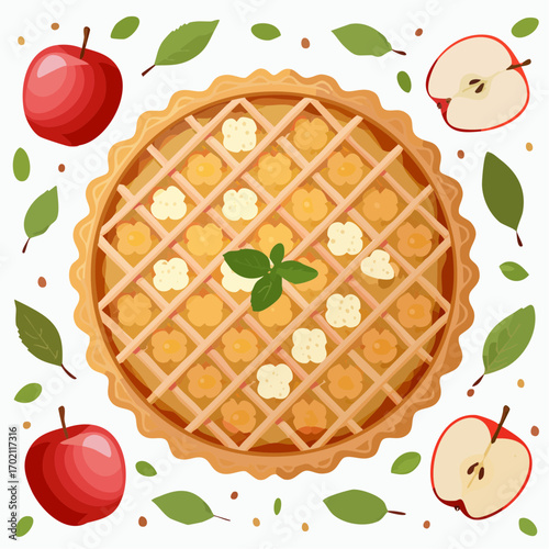 Tarte aux pommes rustique, vue du dessus, délicieux, fond blanc