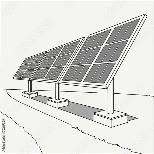 Row of three solar panels mounted on stands in a simplified line drawing style
