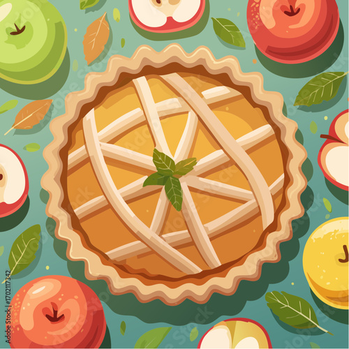 Jolie tarte aux pommes rustique, vue du dessus, entière
