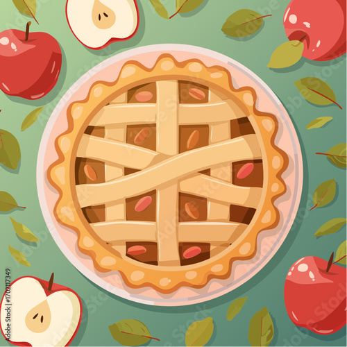 Jolie tarte aux pommes rustique, vue du dessus, entière