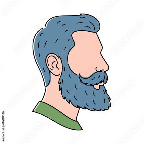 Stylized illustration of a modern man's head in profile view with a lush blue beard and hair, representing contemporary masculine style and grooming