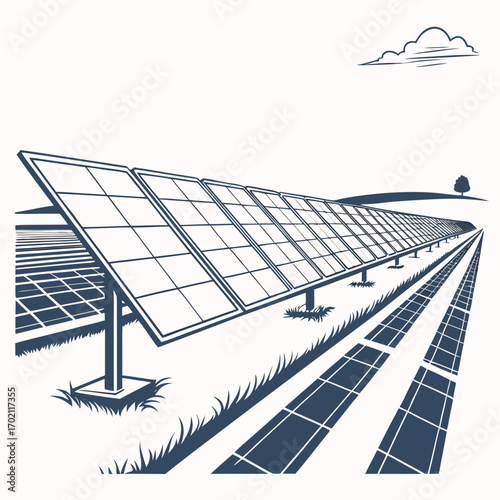 Expansive solar panel farm on a grassy field under a cloudy sky with a distant tree