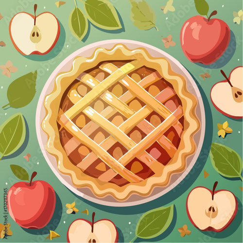 Jolie tarte aux pommes rustique, vue du dessus, entière