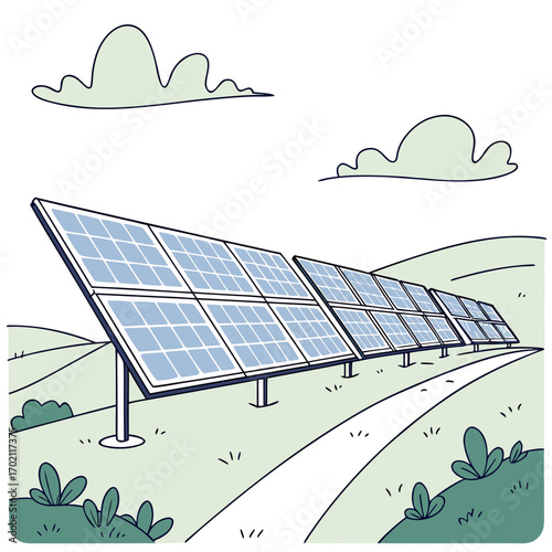A row of solar panels stands on a grassy hill under a cloudy sky with a path leading towards them