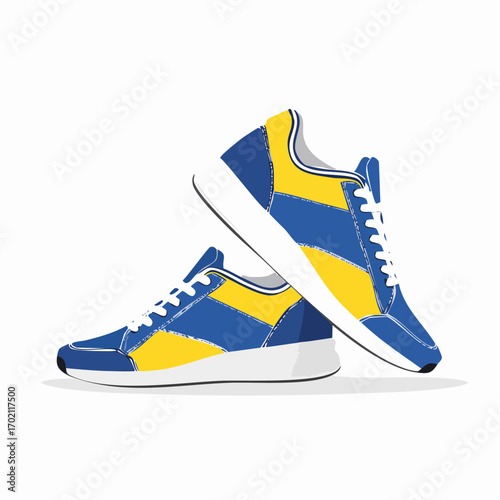 Jolie paire de baskets bicolores, montantes, arrière plan blanc ,jaune et bleu 