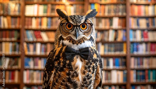 Wallpaper Mural Wise Owl Wearing Glasses  Bow Tie in Library with Learning  Knowledge Concept. Torontodigital.ca