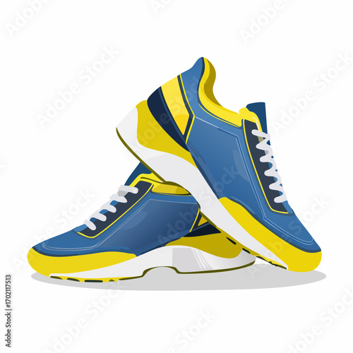 Jolie paire de baskets bicolores, montantes, arrière plan blanc ,jaune et bleu 