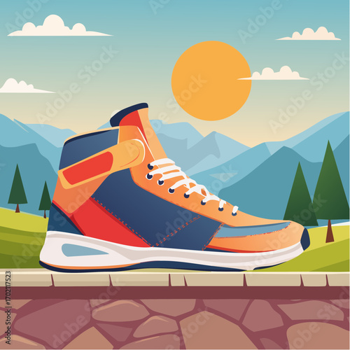 Jolie paire de baskets montantes, vue de profil, arrière plan nature, montagne, soleil