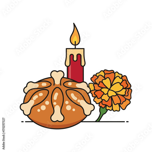 Iconic symbols of the Mexican Day of the Dead holiday, an illustrated altar offering with pan de muerto, a marigold, and a candle