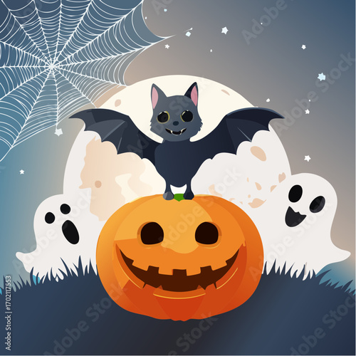 Jolie citrouille souriante sculptée, chauve-souris et fantôme, toile d'araignée, Halloween, célébration 
