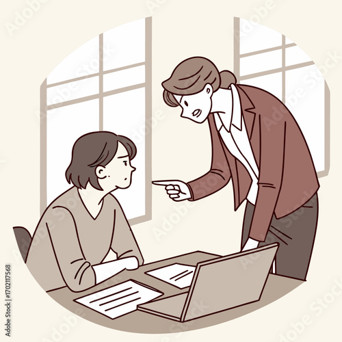 Angry boss scolding an employee at a desk with a laptop and documents in an office setting