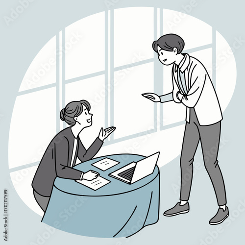 Two business professionals in a modern office setting discussing ideas and collaborating on a project