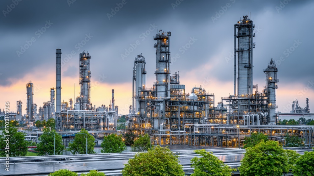 Fototapeta premium Refinery at Dusk: Industrial Plant Landscape with Complex Structures and Environmental Implications at Twilight