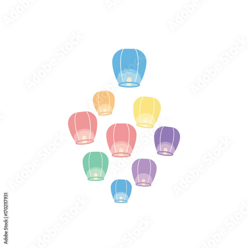 A beautiful collection of flying Chinese sky lanterns with glowing lights, symbolizing hope, dreams, and new beginnings