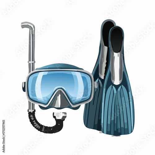 Matériel de plongée en apnée, palmes, masque, tubas, fond blanc
