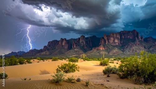 Fototapeta Naklejka Na Ścianę i Meble -  Dramatic lightning storm over desert mountains and dunes
