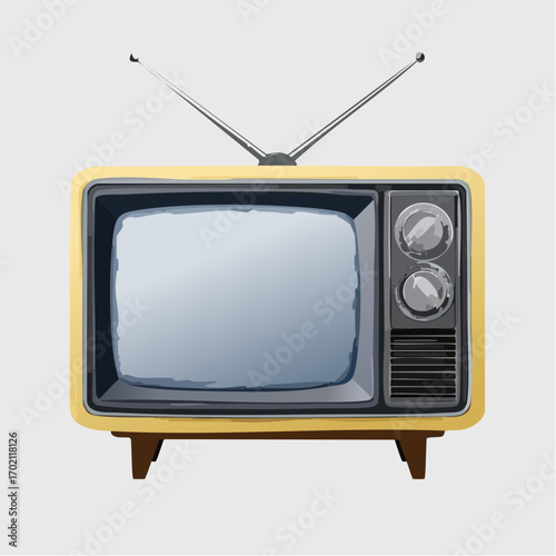 Jolie télévision ancienne, tube cathodique, antenne, arrière plan clair uni