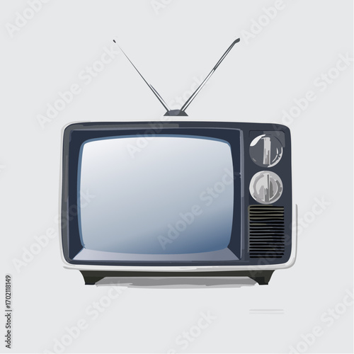 Jolie télévision ancienne, tube cathodique, antenne, arrière plan clair uni