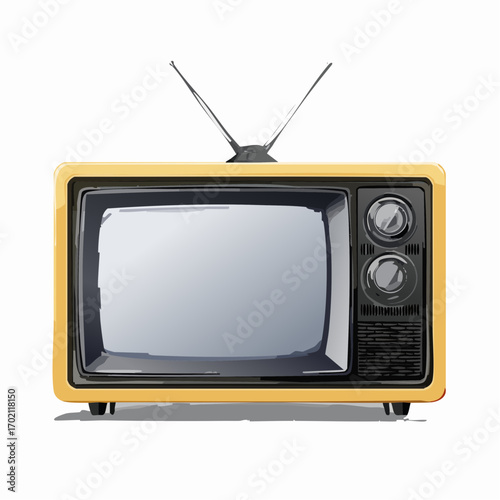 Jolie télévision ancienne, tube cathodique, antenne, arrière plan clair uni