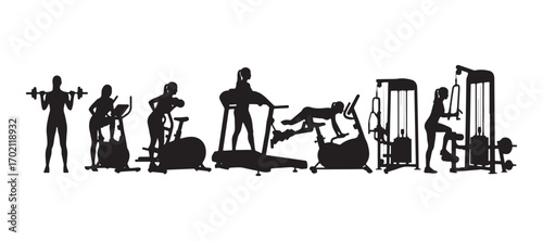 A woman is in silhouette, working with various gym fitness equipment and machines set up.