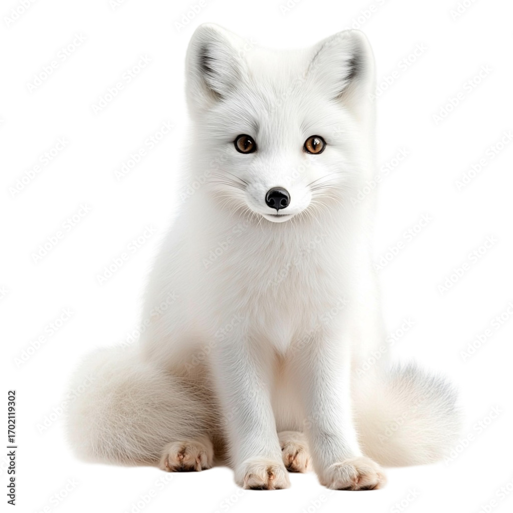 Obraz premium Portrait of a beautiful arctic fox with fluffy white fur and captivating brown eyes sitting against a showcasing its winter adaptation and natural beauty in a studio setting on transparent background