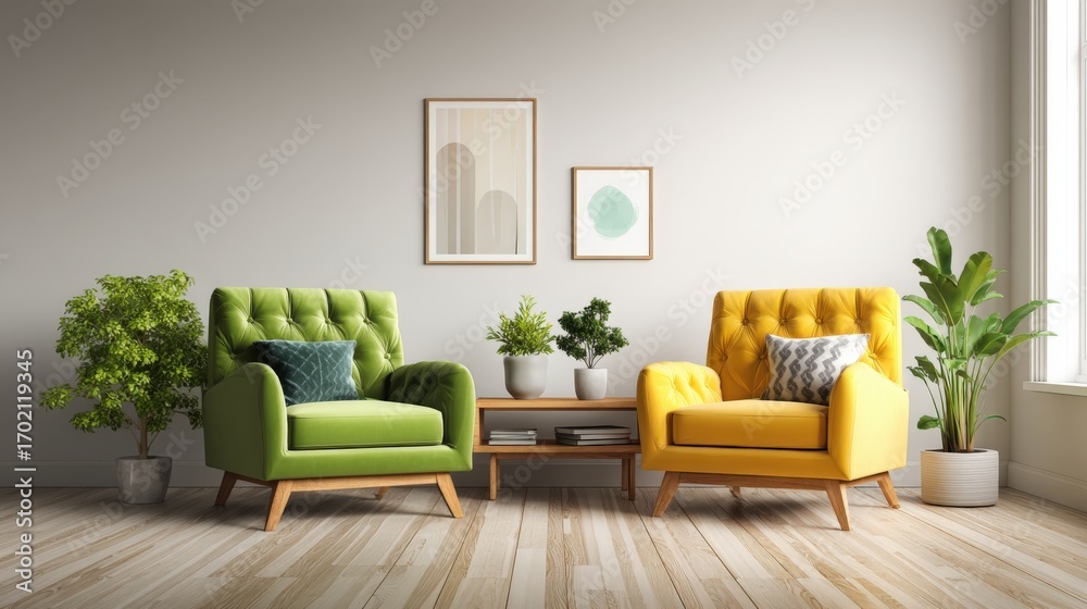 Fototapeta premium Cozy Living Room with Stylish Armchairs, Decorative Plants, and Modern Wall Art in a Bright Interior