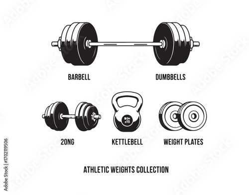 Weights for weightlifting, bodybuilding, and fitness on a white background.