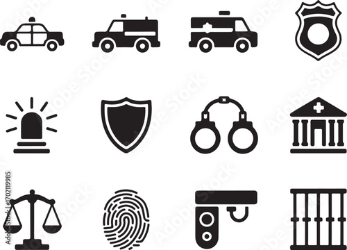 Law enforcement icon set for justice concepts