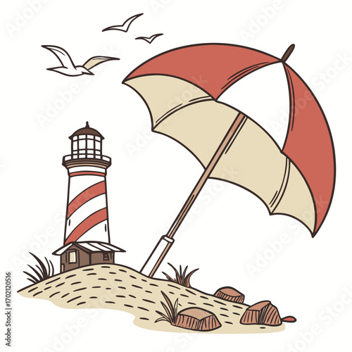Charming coastal illustration featuring a striped lighthouse and a classic beach umbrella on a sunny day