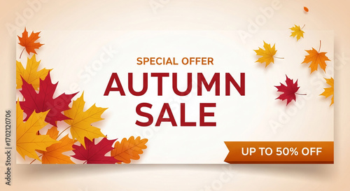 Autumn sale banner design featuring red, orange, yellow maple leaves, text "Autumn Sale" and "Up to 50% off", showcasing seasonal discounts and promotions