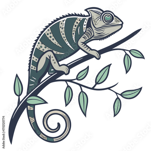 Chameleon on a Branch Colorful Illustration of a Reptile