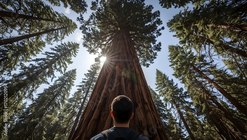 Man gazing up at giant sequoia tree in sunlit forest