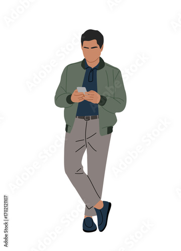 Vector illustration of a man in casual autumn clothes, standing full length while using a mobile phone, chatting and texting, isolated on transparent background, perfect for lifestyle and tech designs