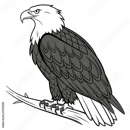 Majestic Bald Eagle Perched Proudly on Branch, Black and White Illustration