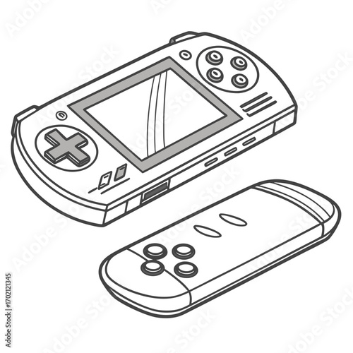 Portable entertainment system featuring a compact console and a separate controller, ideal for digital play and interactive experiences