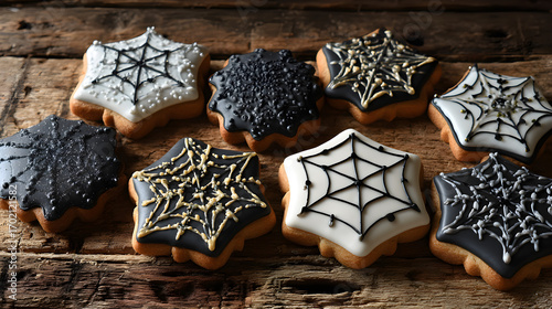 Halloween cookies with cobweb icing, natural daylight top-down, symmetry placement, rustic texture