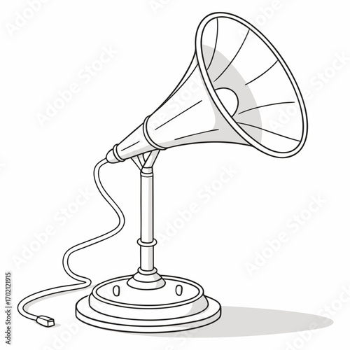 Detailed line art illustration of a vintage gramophone horn speaker, symbolizing classic audio technology and sound reproduction