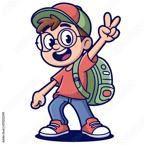 Cartoon boy with glasses and backpack making a peace sign with his fingers on transparent background