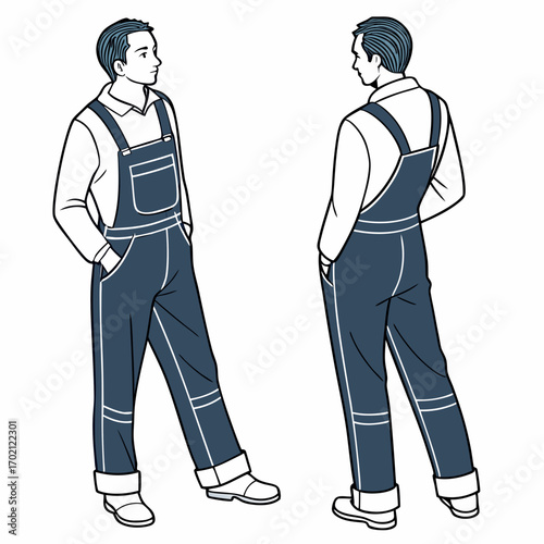 Man wearing denim overalls and a white shirt, shown from front and back