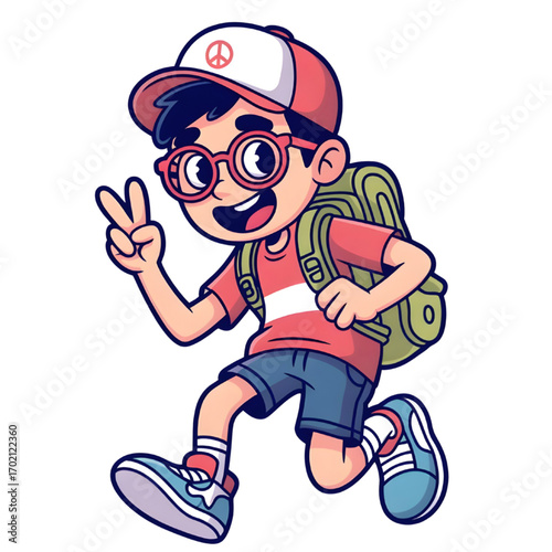 Cartoon boy with backpack and peace sign wearing cap and glasses is smiling on transparent background